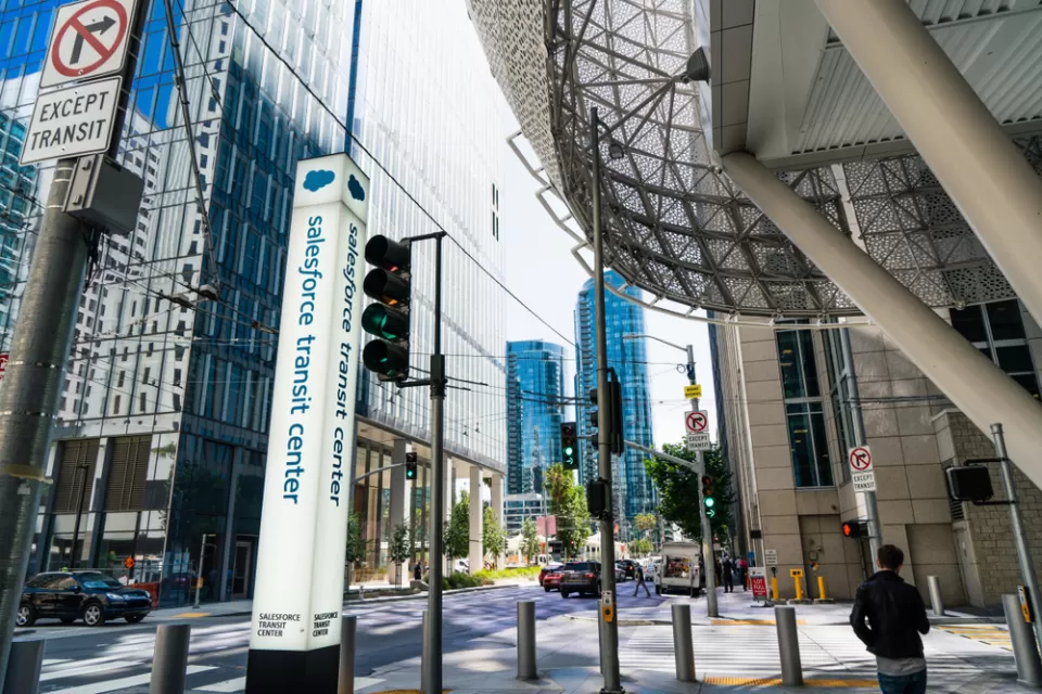 Outdoor entrance to Salesforce Transit Center in San Francisco, California